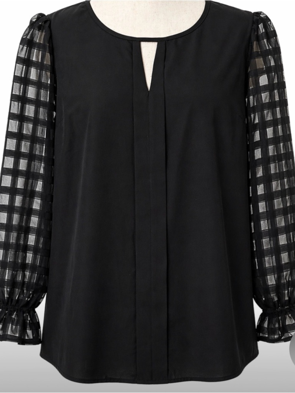 BloomChic Black Blouse Sheer Plaid Puff Sleeve Keyhole Top Size 12 Whimsigoth